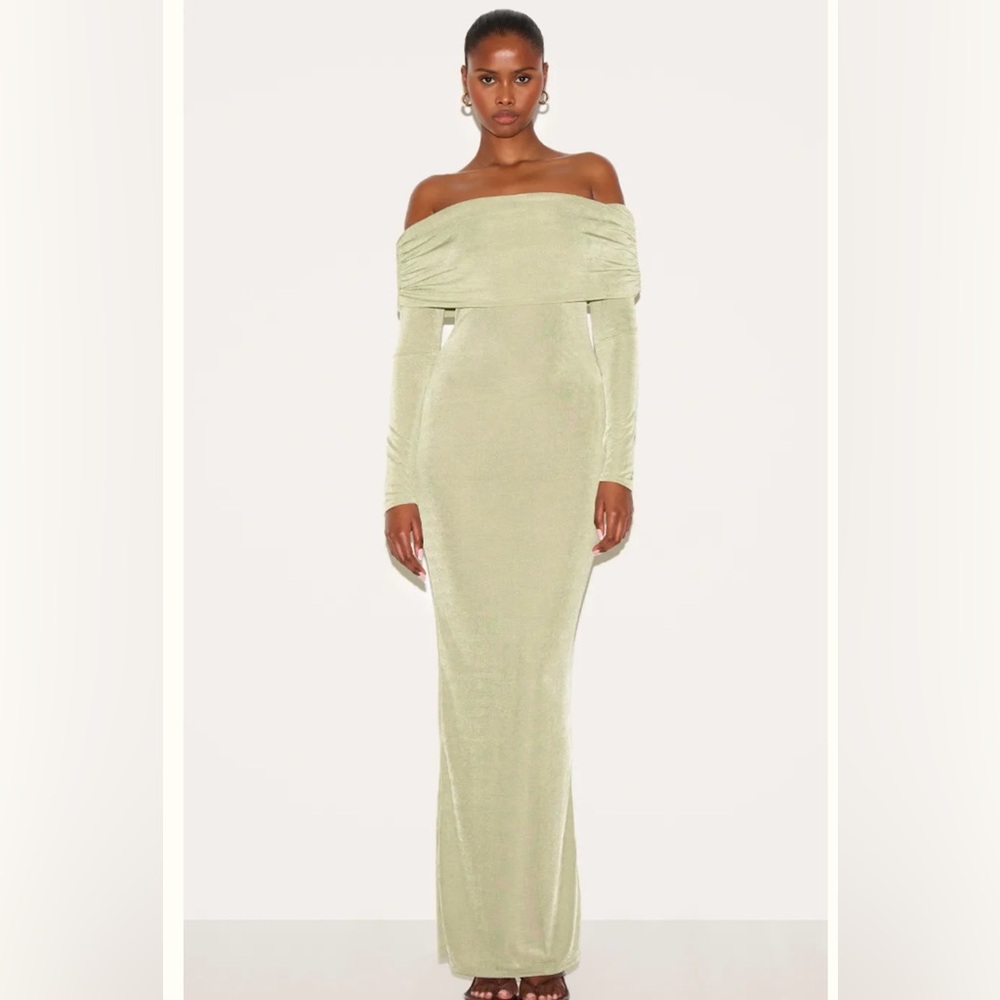 PrettyLittleThing Olive Green Off-Shoulder Maxi Dress
